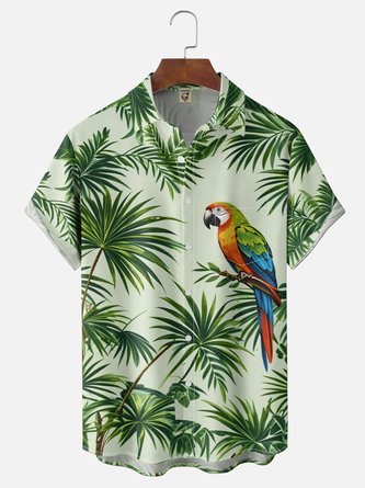 Moisture Wicking Tropical Plant & Parrot Print Chest Pocket Hawaiian Shirt