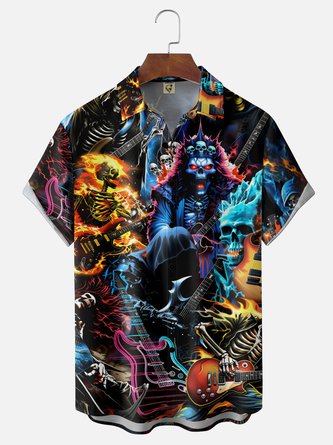 Moisture Wicking Gradient Rock Punk Skull Guitar Flame Print Chest Pocket Hawaiian Shirt