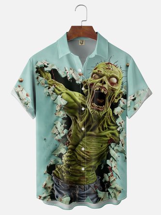 Moisture Wicking Gradient Halloween 3D Horror Zombie Chest Pocket Hawaiian Shirt