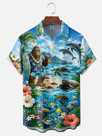 Moisture Wicking Ocean World Tropical Flora Bigfoot Chest Pocket Hawaiian Shirt