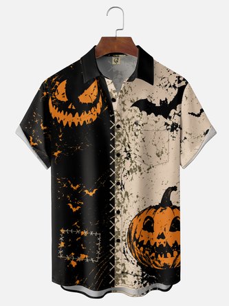 Moisture Wicking Ombré Halloween Pumpkin & Bat Chest Pocket Hawaiian Shirt