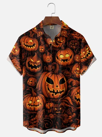 Moisture Wicking Gradient Halloween Pumpkin Print Chest Pocket Hawaiian Shirt