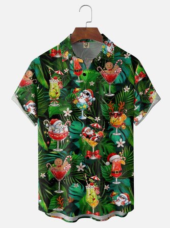 Moisture Wicking Tropical Christmas Cocktail Snowman Santa Chest Pocket Hawaiian Shirt