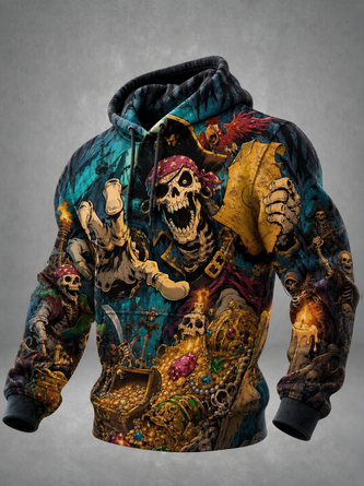 Halloween Vintage Skull Pirate Treasure Kangaroo Pocket Hoodie Sweatshirt