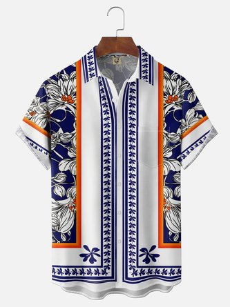 Moisture Wicking Striped Geometric Tropical Palm Tree Print Chest Pocket Hawaiian Shirt