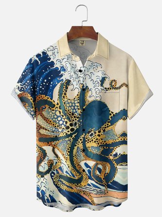 Moisture Wicking Ukiyo e Wave Octopus Chest Pocket Hawaiian Shirt