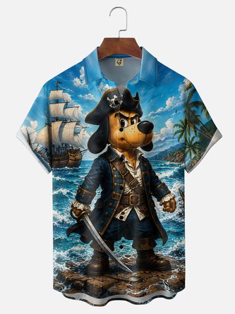 Moisture Wicking Pirate Dog Chest Pocket Hawaiian Shirt