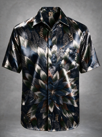 Breathable Silk Satin Feathers Flowers Chest Pocket Casual Shirt