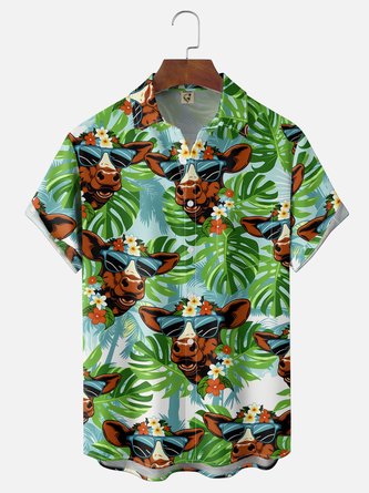 Moisture Wicking Tropical Plant Leaf Floral Gradient Print Chest Pocket Hawaiian Shirt