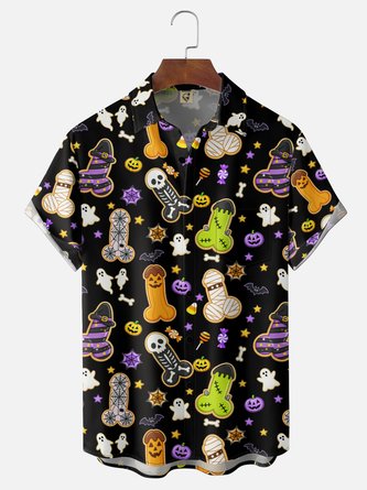 Moisture Wicking Gradient Halloween Featuring Genitals Halloween Hats Ghosts Pumpkins Spiderwebs Chest Pocket Hawaiian Shirt