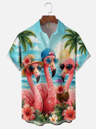 Moisture Wicking Gradient Beach Flamingo Hibiscus Coconut Tree Print Chest Pocket Hawaiian Shirt