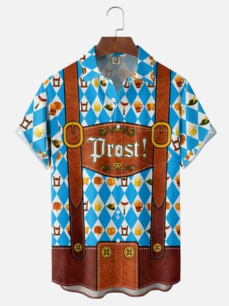 Moisture Wicking Gradient Oktoberfest Bartender Beer & Pretzel Print Chest Pocket Hawaiian Shirt