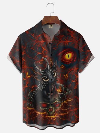 Moisture Wicking Gradient Halloween Pterodactyl & Skull Chest Pocket Hawaiian Shirt