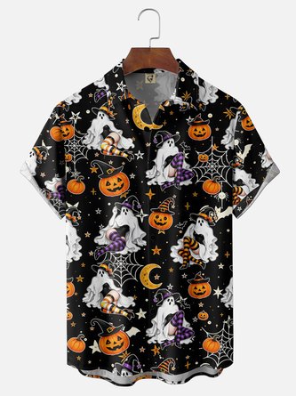 Moisture Wicking Gradient Halloween Theme Ghost Witch Pumpkin Spiderweb Bat Chest Pocket Hawaiian Shirt