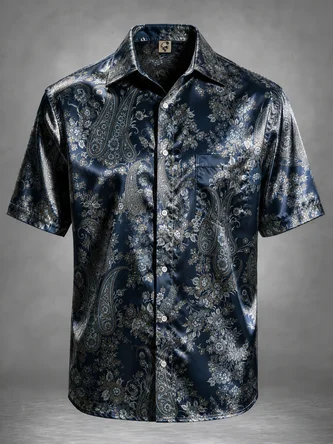 Breathable Silk Satin Paisley Flower Chest Pocket Casual Shirt
