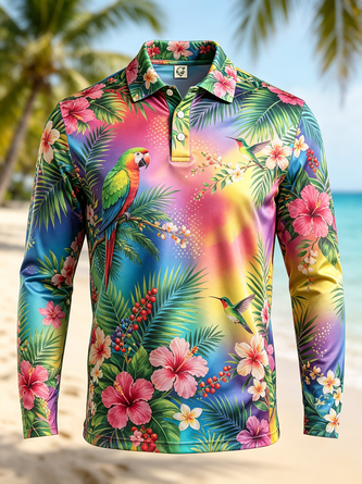 Moisture Wicking Neon Tropical Leaf & Hibiscus Parrot Print Long Sleeve Hawaiian Golf Polo