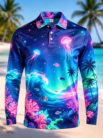 Moisture Wicking Neon Colored Marine Life Fish Jellyfish & Coconut Tree Long Sleeve Hawaiian Golf Polo