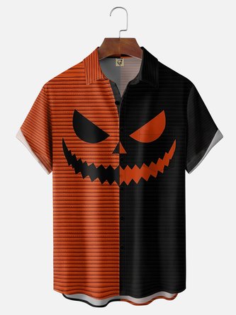 Moisture Wicking Gradient Halloween Ghost Face Geometric Print Chest Pocket Hawaiian Shirt