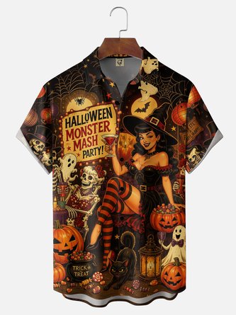Moisture Wicking Halloween Castle Pumpkin Witch Chest Pocket Hawaiian Shirt