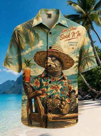 Moisture Wicking Sea Turtle Beach Chest Pocket Hawaiian Shirt