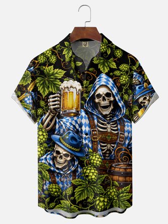 Moisture Wicking Gradient Oktoberfest Skull Bartender Print Chest Pocket Hawaiian Shirt