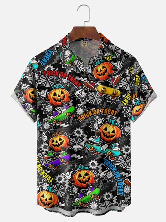 Moisture Wicking Gradient Halloween Pumpkin & Geometric Skateboard Print Chest Pocket Hawaiian Shirt