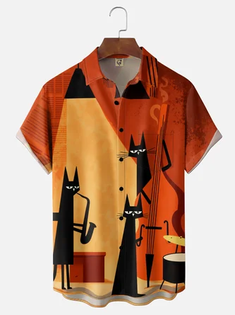 Moisture Wicking Fun Geometric Concert Cat Chest Pocket Hawaiian Shirt