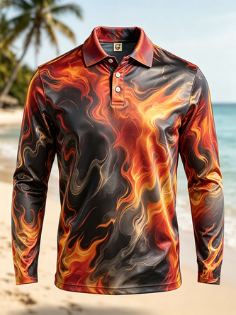 Moisture Wicking Gradient 3D Abstract Flame Print Long Sleeve Hawaiian Golf Polo
