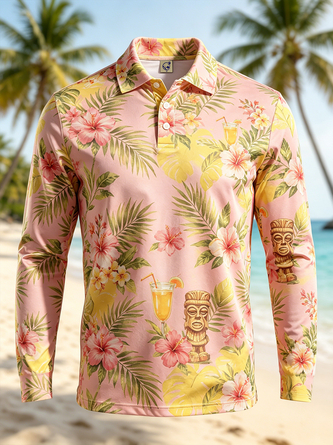 Moisture Wicking Gradient Tropical Hibiscus Tiki Cocktail Long Sleeve Hawaiian Golf Polo