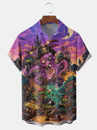 Moisture Wicking Pirate Octopus Monster Chest Pocket Hawaiian Shirt