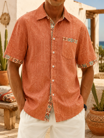 Linen Texture Solid Blocking Gradient Geometric Pattern Chest Pocket Casual Shirt