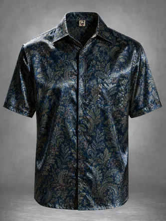 Breathable Silk Satin Cashew Flower Vines Leaves Chest Pocket Casual Shirt