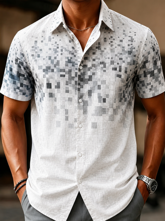Linen Texture Abstract Gradient Plaid Casual Shirt