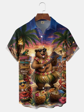 Music Party Bear Guitar Crab Pineapple Coconut Palm Tree Tropical Chest Pocket Hawaiian Shirt