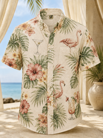 Linen Texture Tropical Plant Floral Cocktail Flamingo Prints Chest Pocket Casual Shirt