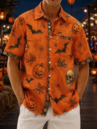 Linen Texture Halloween Pumpkin Skull Bat Print Chest Pocket Casual Shirt