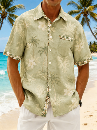 Linen Texture Tropical Palm Leaf & Coconut Tree Print Chest Pocket Casual Shirt