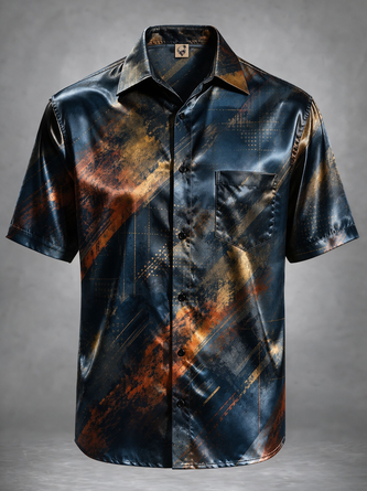 Breathable Silk Satin Geometric Colorblock Chest Pocket Casual Shirt