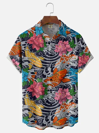 Moisture Wicking Japanese Inspired Koi Wave Chest Pocket Hawaiian Shirt