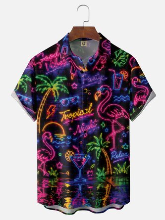 Moisture Wicking Fluorescent Tropical Plants Coconut Trees Cocktails Flamingos Chest Pocket Hawaiian Shirt