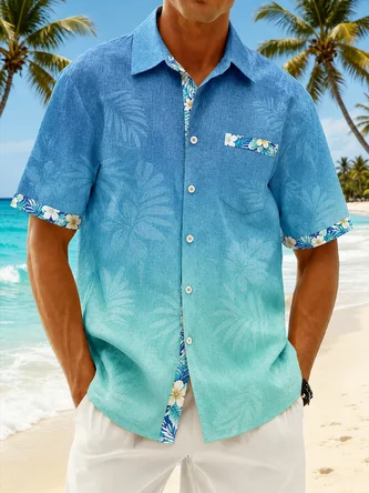 Linen Texture Block Tropical Leaf Print Chest Pocket Casual Shirt