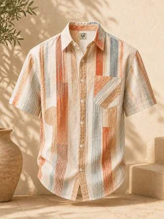 Linen Texture Abstract Geometric Stripes Chest Pocket Casual Shirt