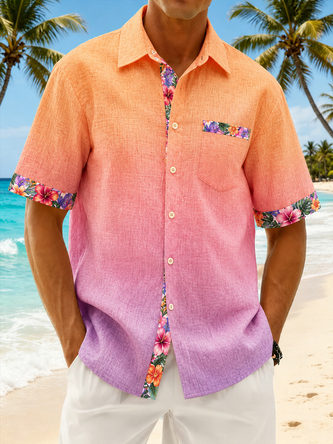 Linen Texture Block Tropical Leaf Print Chest Pocket Hawaiian Shirt