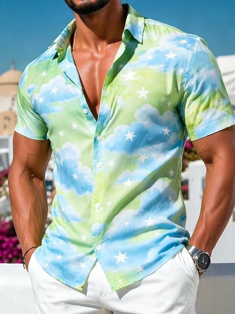 Linen Texture Abstract Gradient Star Print Casual Shirt