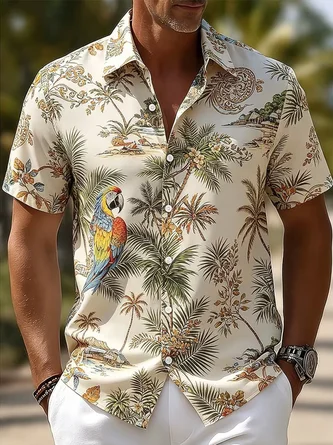 Linen Texture Featuring Tropical Foliage Coconut Palms Parrots Casual Shirt