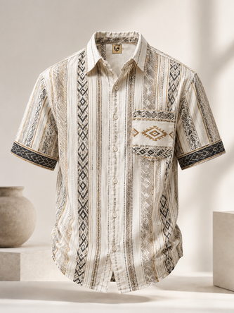 Linen Texture Ethnic Geometric Stripe Chest Pocket Casual Shirt