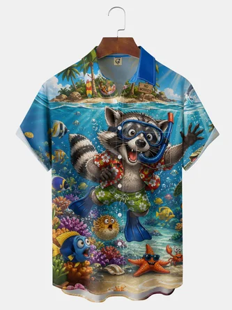 Moisture Wicking Taste Tropical Fish Raccoon Diving Chest Pocket Hawaiian Shirt