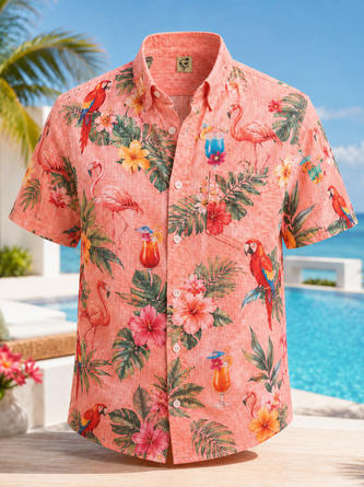 Linen Texture Tropical Plant Floral Cocktail Parrot Print Chest Pocket Casual Shirt