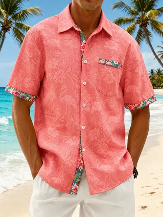 Linen Texture Tropical Leaf Flamingo Print Chest Pocket Casual Shirt