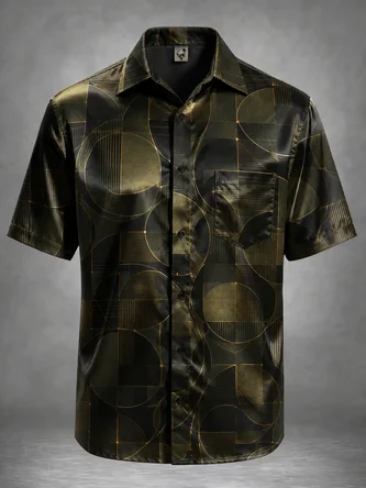 Breathable Silk Satin Bauhaus Modern Art Plaid Chest Pocket Casual Shirt